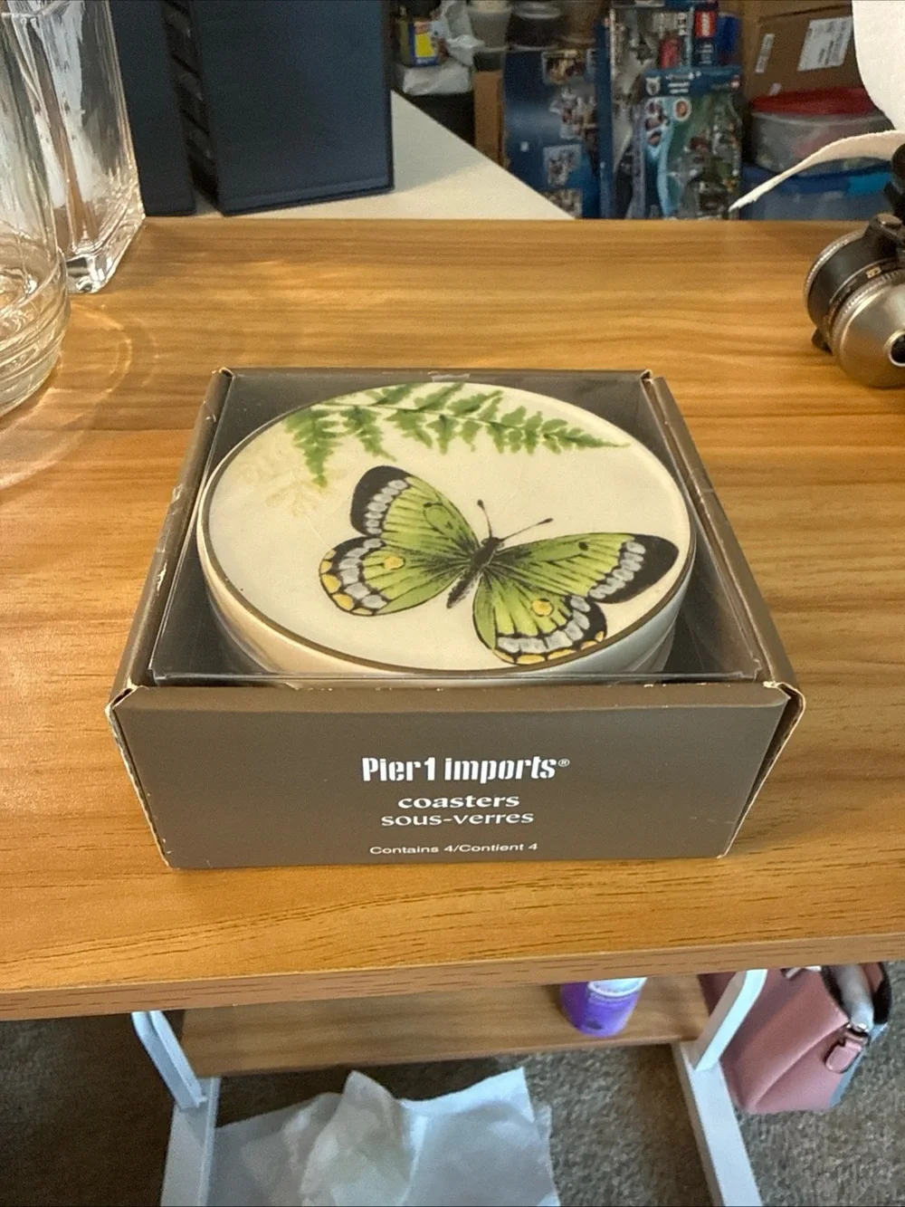 Pier 1 Butterfly Ceramic Coaster Set - Yellow, Green, Pink